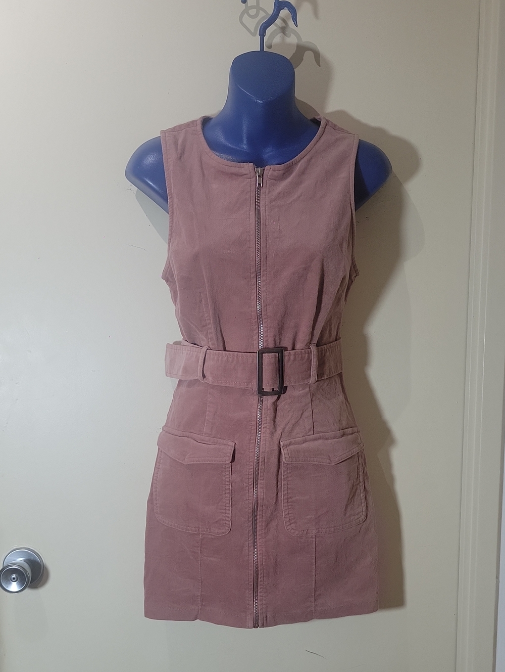 Dusty Rose Zip-Front Belted Mini Dress